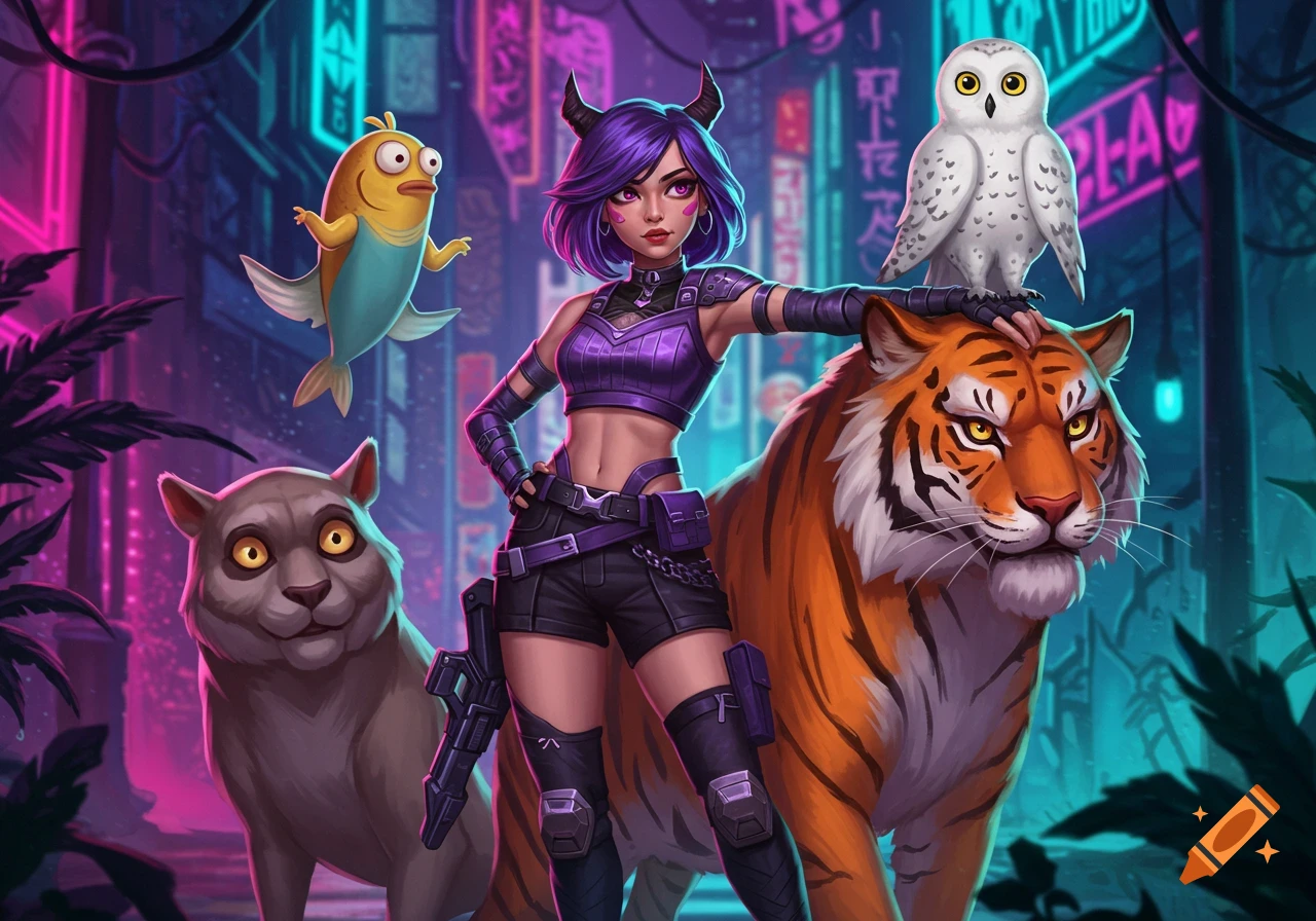 A purple-haired woman with horns in a futuristic outfit stands with a tiger, an owl, a flying fish, and a grey feline against a neon cyberpunk city background.