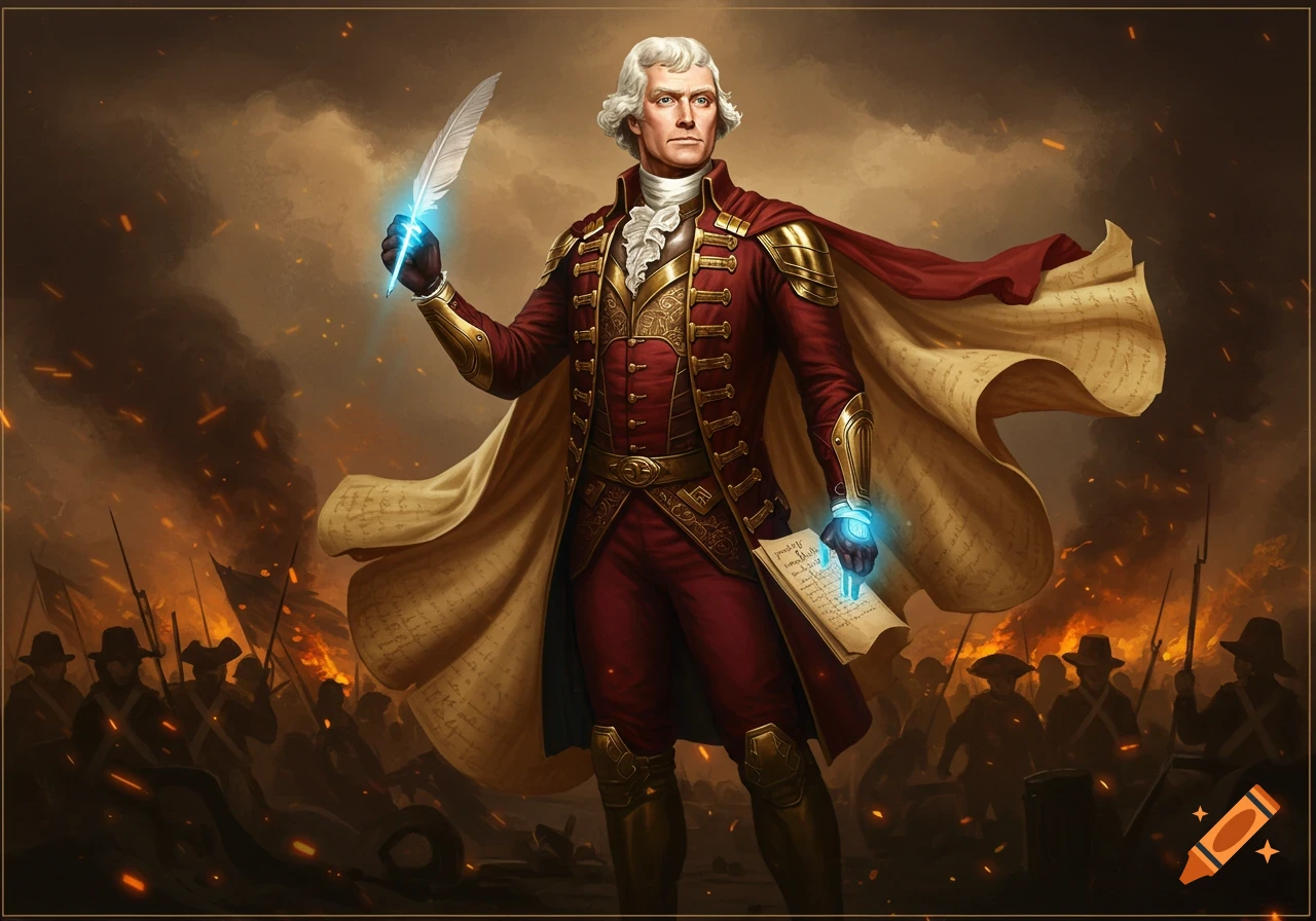 Heroic Thomas Jefferson in a red and gold futuristic colonial outfit holds a glowing quill and parchment against a revolutionary battle.