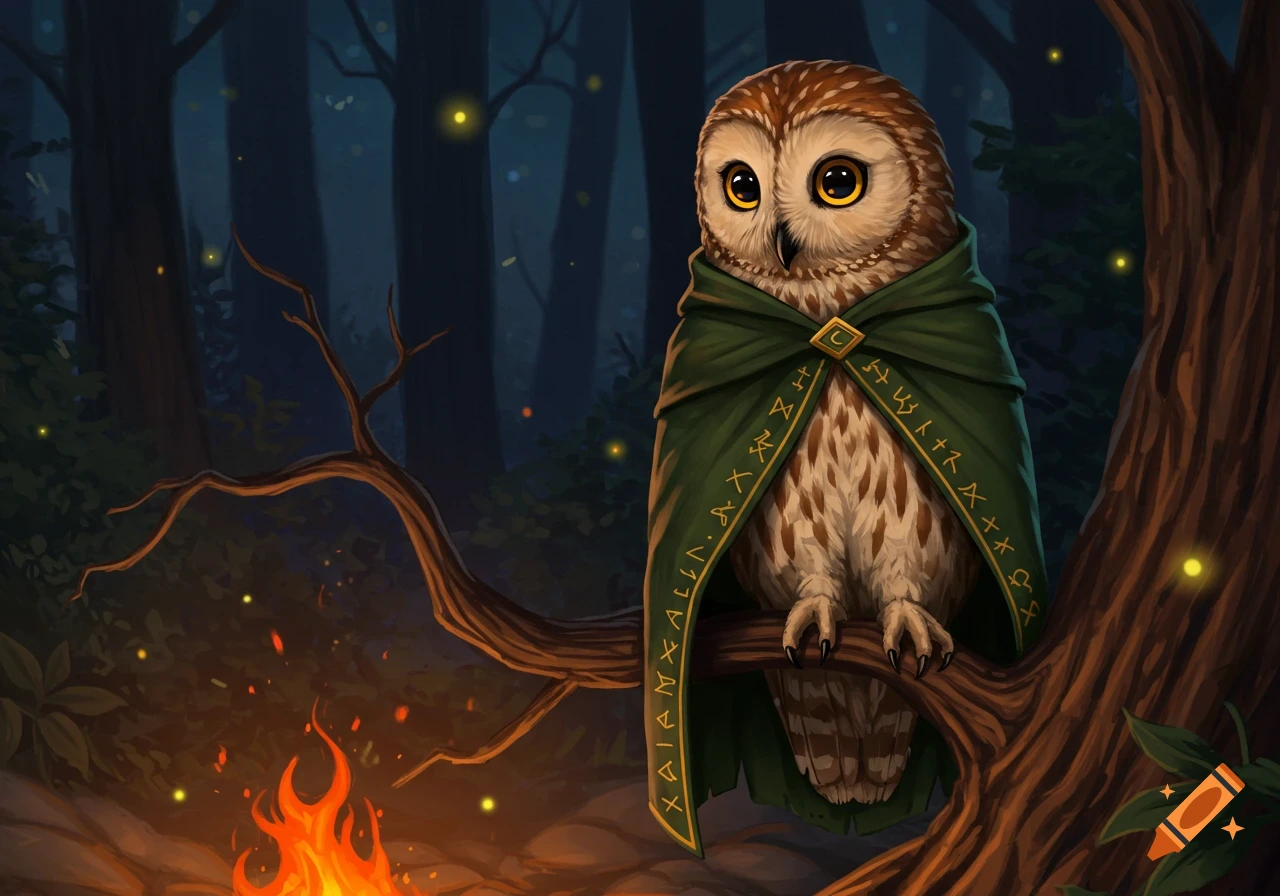 A cute owl wearing a green, runic adventurer's cloak perches on a branch above a campfire in a dark fantasy forest.