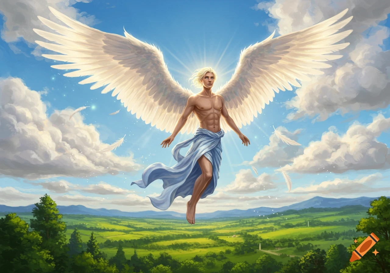 A male angel with large white wings and blonde hair hovers in a bright blue sky above a lush green landscape.