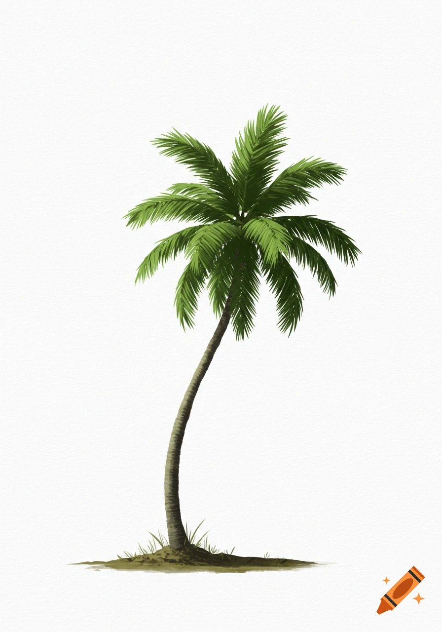 A stylized illustration of a green palm tree bending to the right, rooted in a small patch of dirt on a white background.