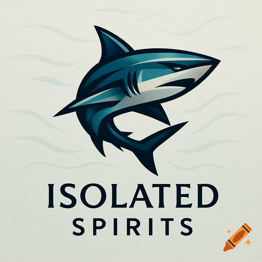 Stylized blue and white shark logo with text 'Isolated Spirits' on a light textured background with waves.