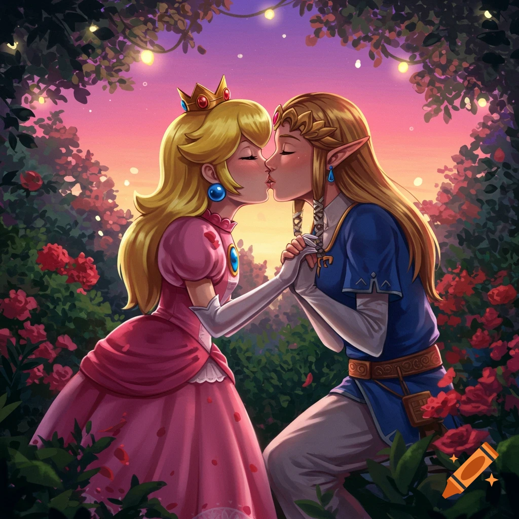 Illustrated Princess Peach and Zelda kissing and holding hands in a romantic rose garden at sunset.