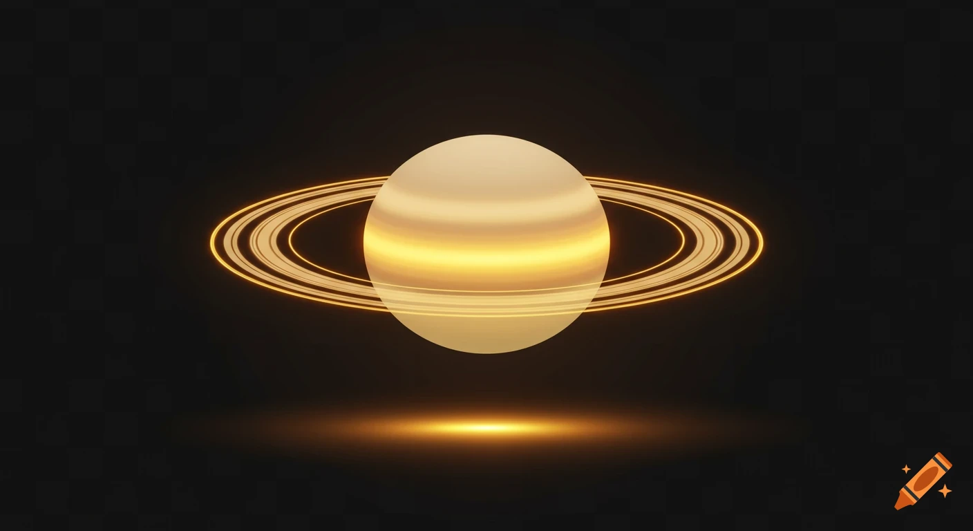A minimal, glowing golden ellipse with rings resembling Saturn, against a dark background with a soft light spill.