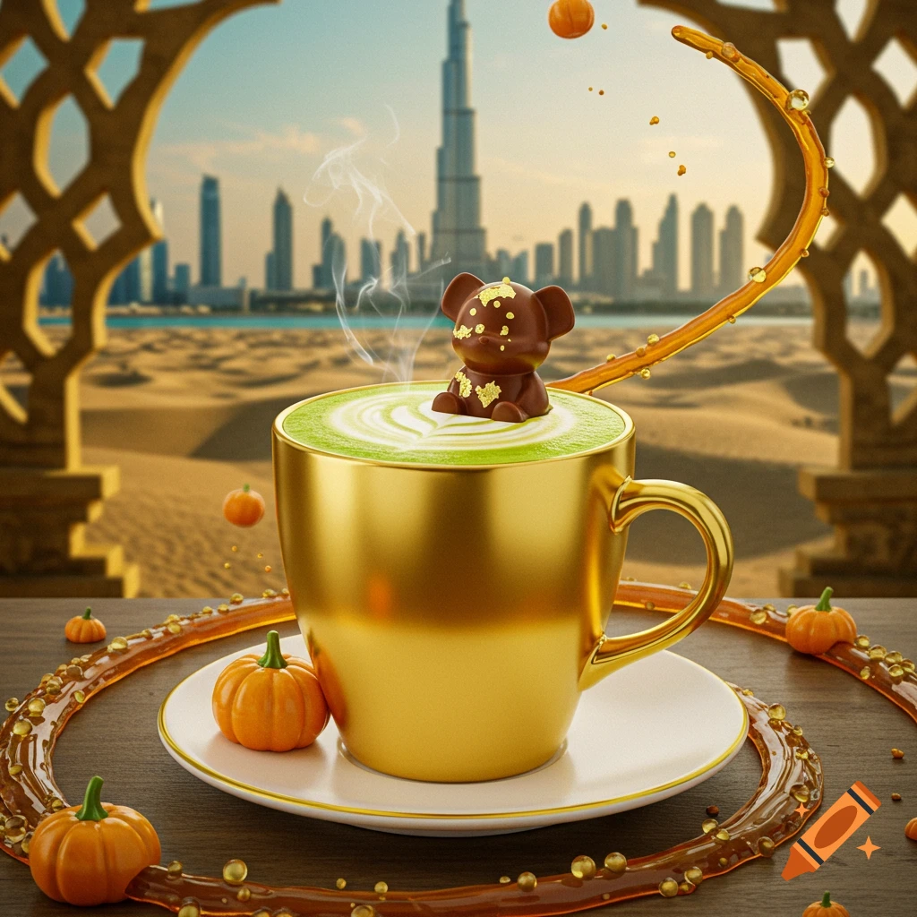A gold cup holding a green matcha latte with a chocolate bear figurine, surrounded by small pumpkins and a swirling caramel design, set against a desert and the Dubai skyline with the Burj Khalifa.