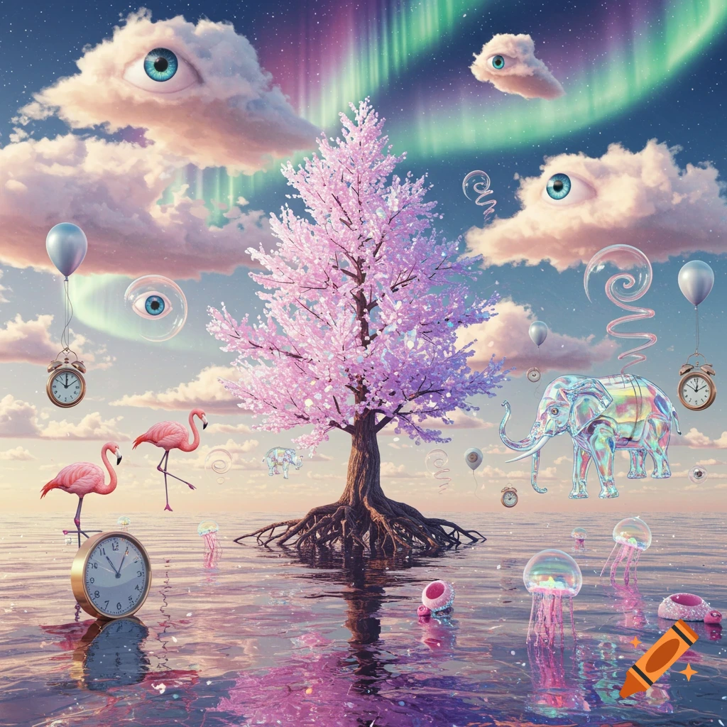 Surreal scene with a pink cherry blossom tree, iridescent elephant, flamingos, clocks, jellyfish, and eyes in clouds under an aurora.