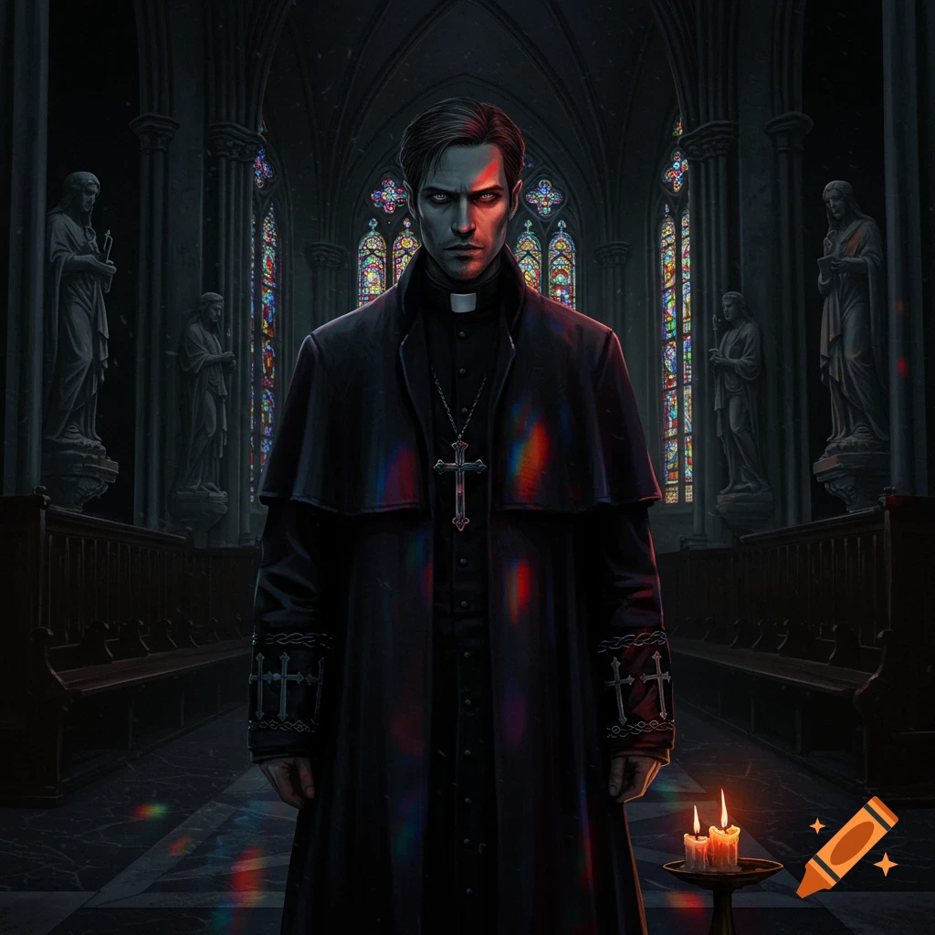 An intense man in a long black clerical coat and cross necklace stands in a dark gothic church, glowing red eyes fixed forward. Stained glass windows and lit candles add to the eerie atmosphere.