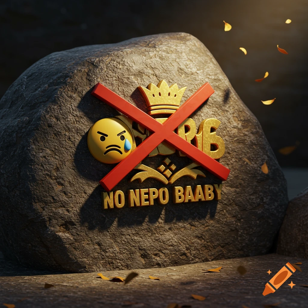 A large grey rock with a golden crown symbol, a crying emoji crossed out by a red prohibition sign, and 'NO NEPO BAABY' text.