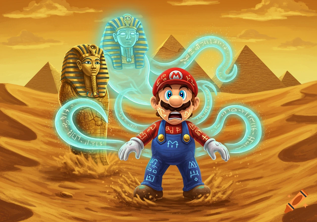 Mario looks terrified in an Egyptian desert landscape as two glowing pharaoh spirits and magical glowing hieroglyphs surround him.