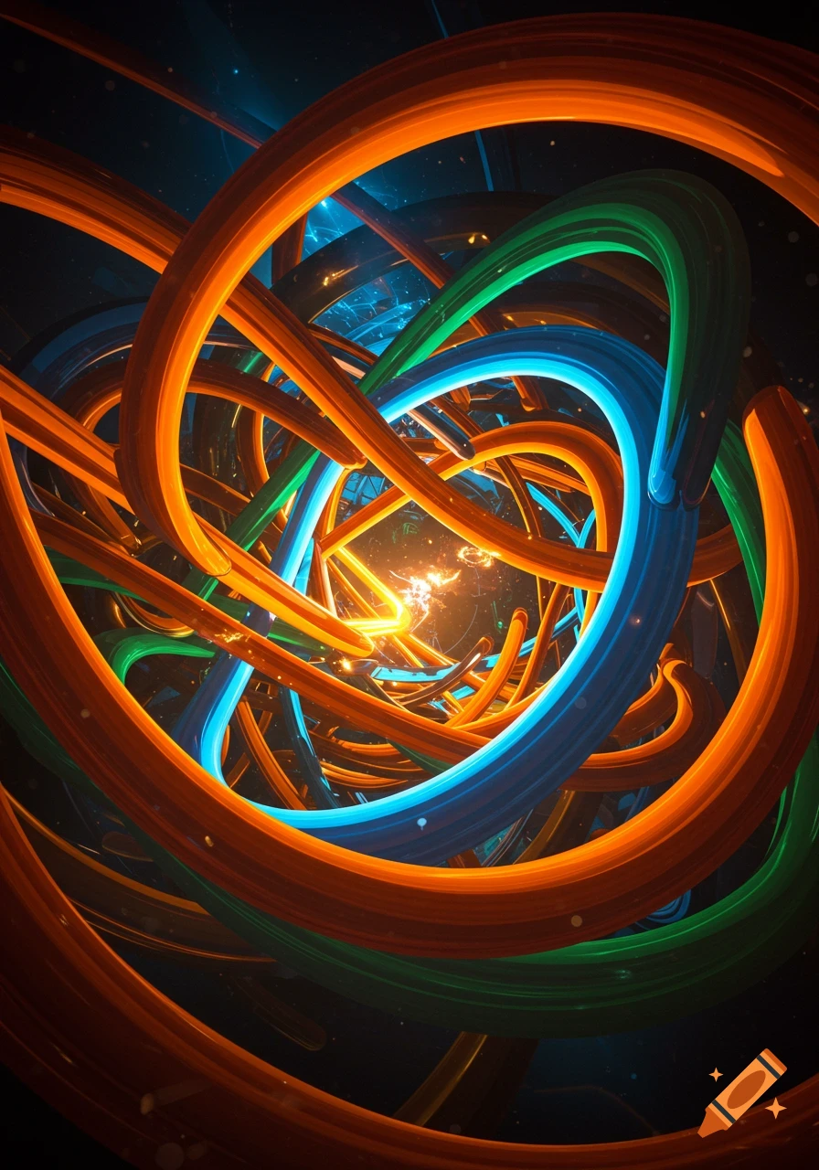 Abstract digital art of brightly glowing orange, blue, and green tubes intricately intertwined around a central light source.