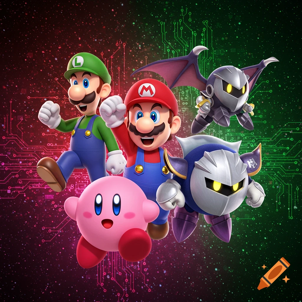 Mario, Luigi, Kirby, and Meta Knight posing against a vibrant red and green circuit board background.