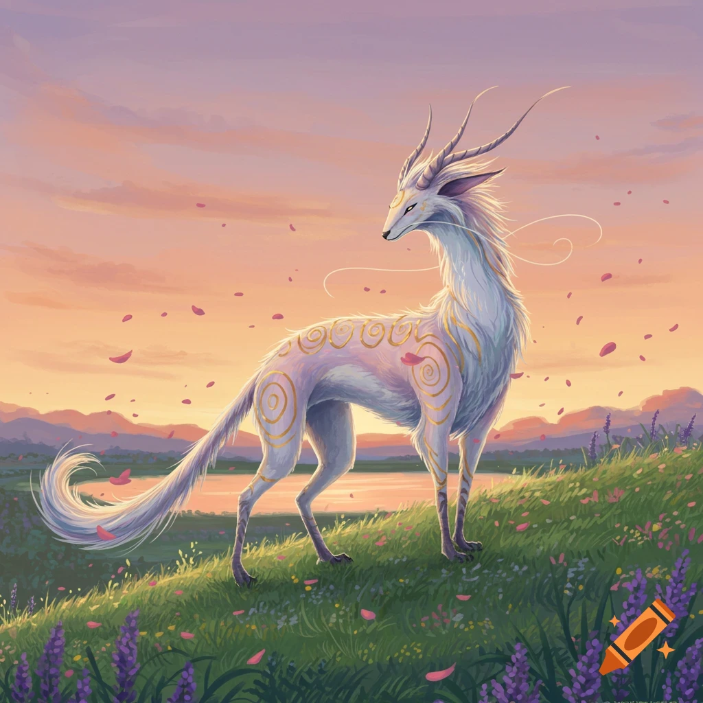 A majestic, white-furred fantasy creature with antlers and golden spirals stands on a grassy hill overlooking water at sunset with falling petals.