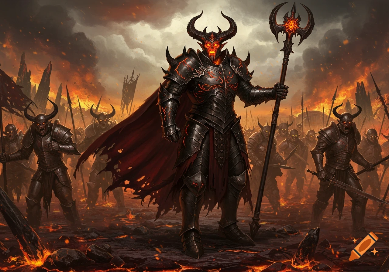 A formidable horned devil general in black and red armor stands with a glowing staff, leading an army of demons through a fiery, hellish landscape.