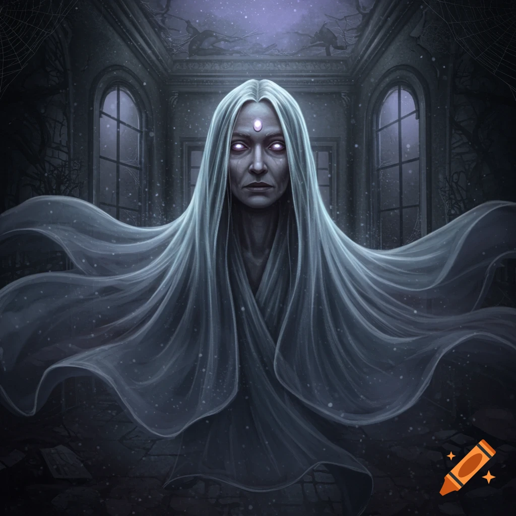 A ghostly woman with glowing eyes and a third eye, draped in flowing white fabric, stands in a dark, gothic room with arched windows.
