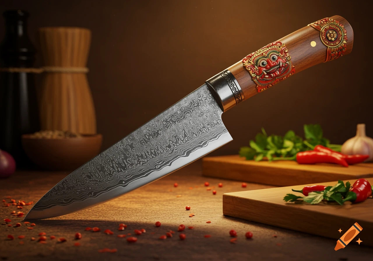 A detailed Japanese chef knife with a Damascus steel blade and a red Sri Lankan Yaka face carved wooden handle, surrounded by spices.