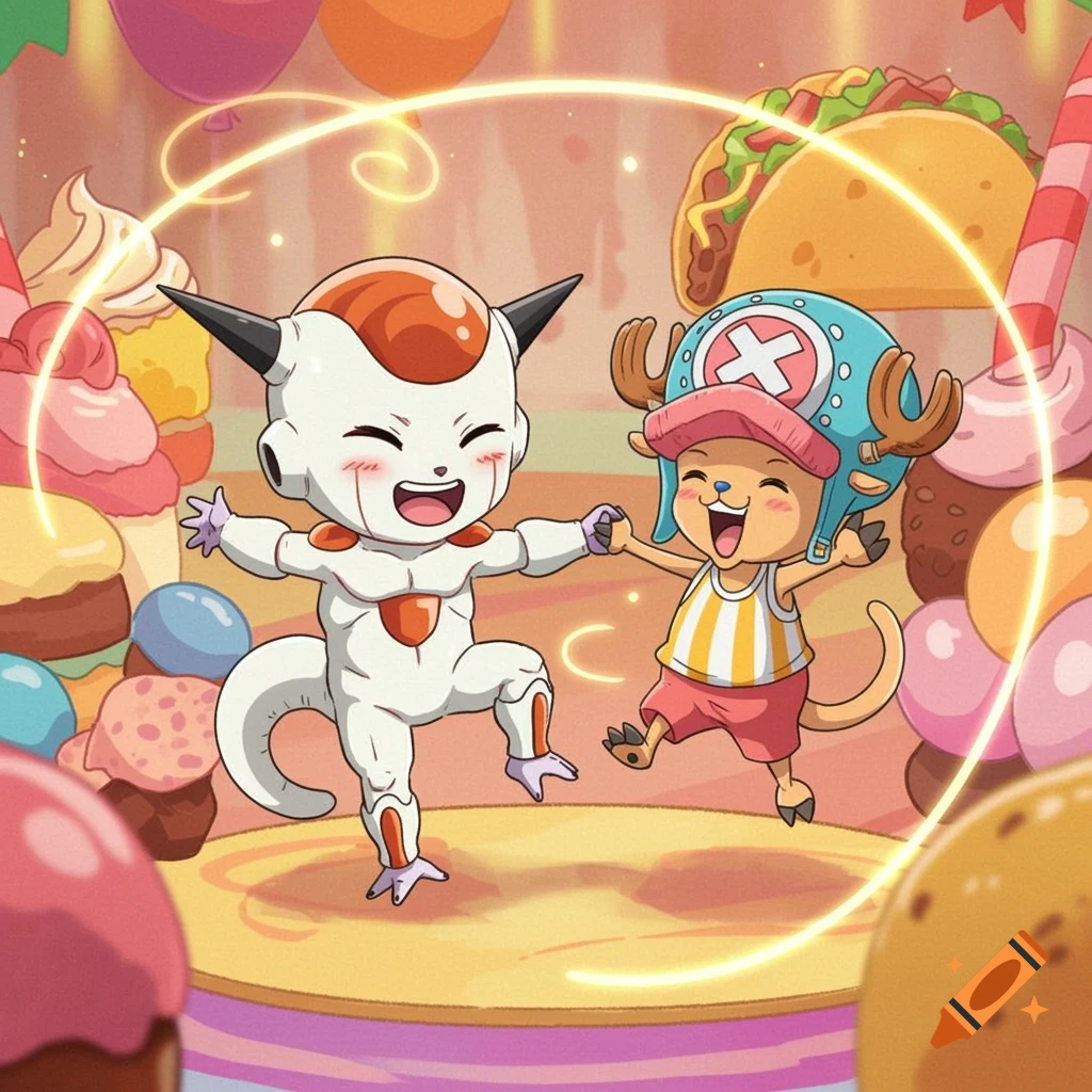 Cute cartoon baby Frieza and Tony Tony Chopper dance cheerfully amidst colorful sweets, balloons, and a giant taco.
