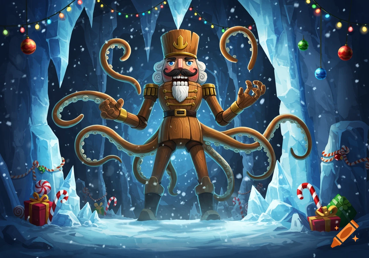 A cartoony nutcracker-kraken boss stands in an icy cave adorned with Christmas lights and gifts.