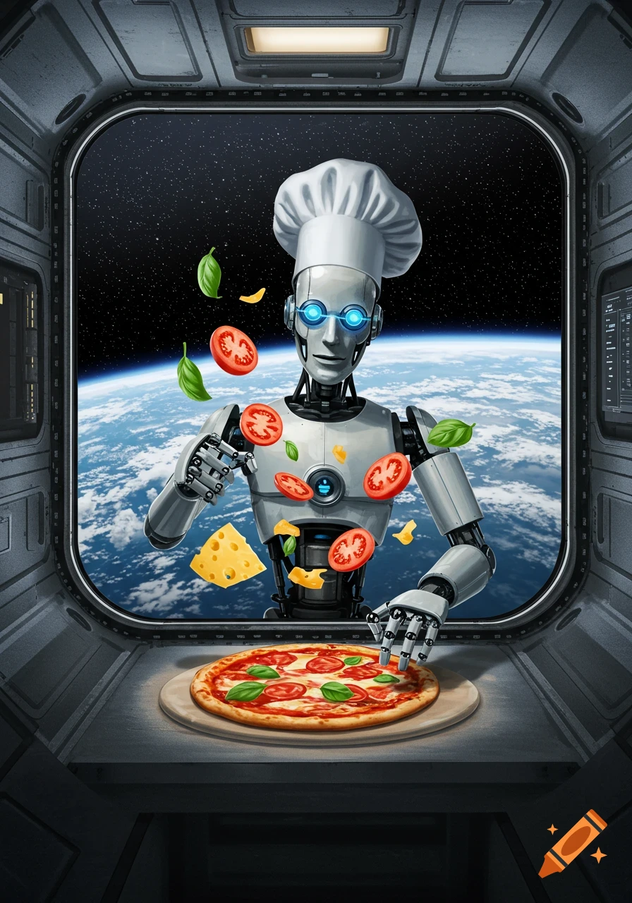 A robot chef in a white hat prepares a pizza with floating ingredients like tomatoes, basil, and cheese inside a spaceship, with Earth and stars visible through the window.