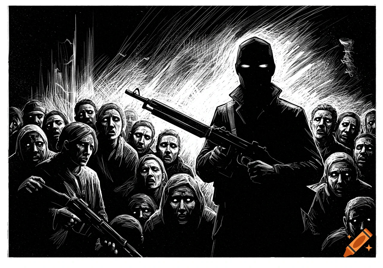 A stark black and white woodcut-style illustration of an armed man with glowing eyes confronting a fearful crowd.