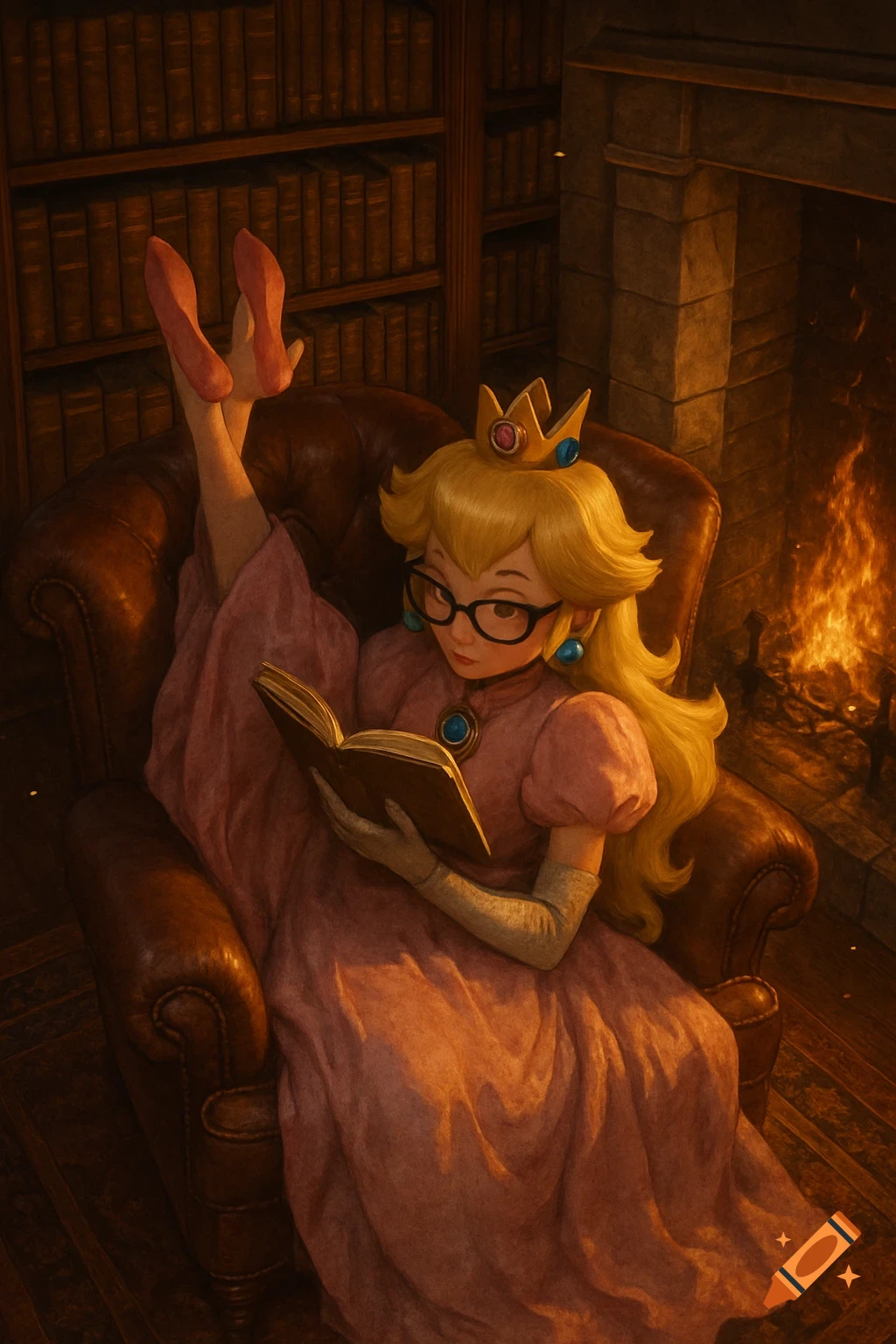 Princess Peach in thick glasses reads a book while sitting in a leather armchair with her feet up, in a cozy library next to a fireplace.