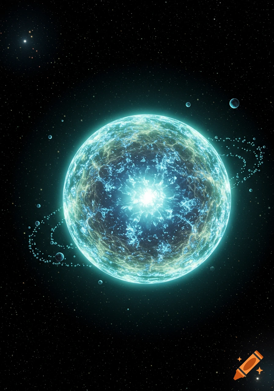 A radiant blue-green planet with a bright core and ring of particles against a star-filled deep space background.