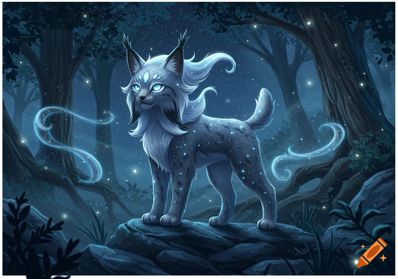 A celestial lynx-like creature with glowing blue eyes and starry fur stands on a rock in a dark, magical forest with floating light trails.