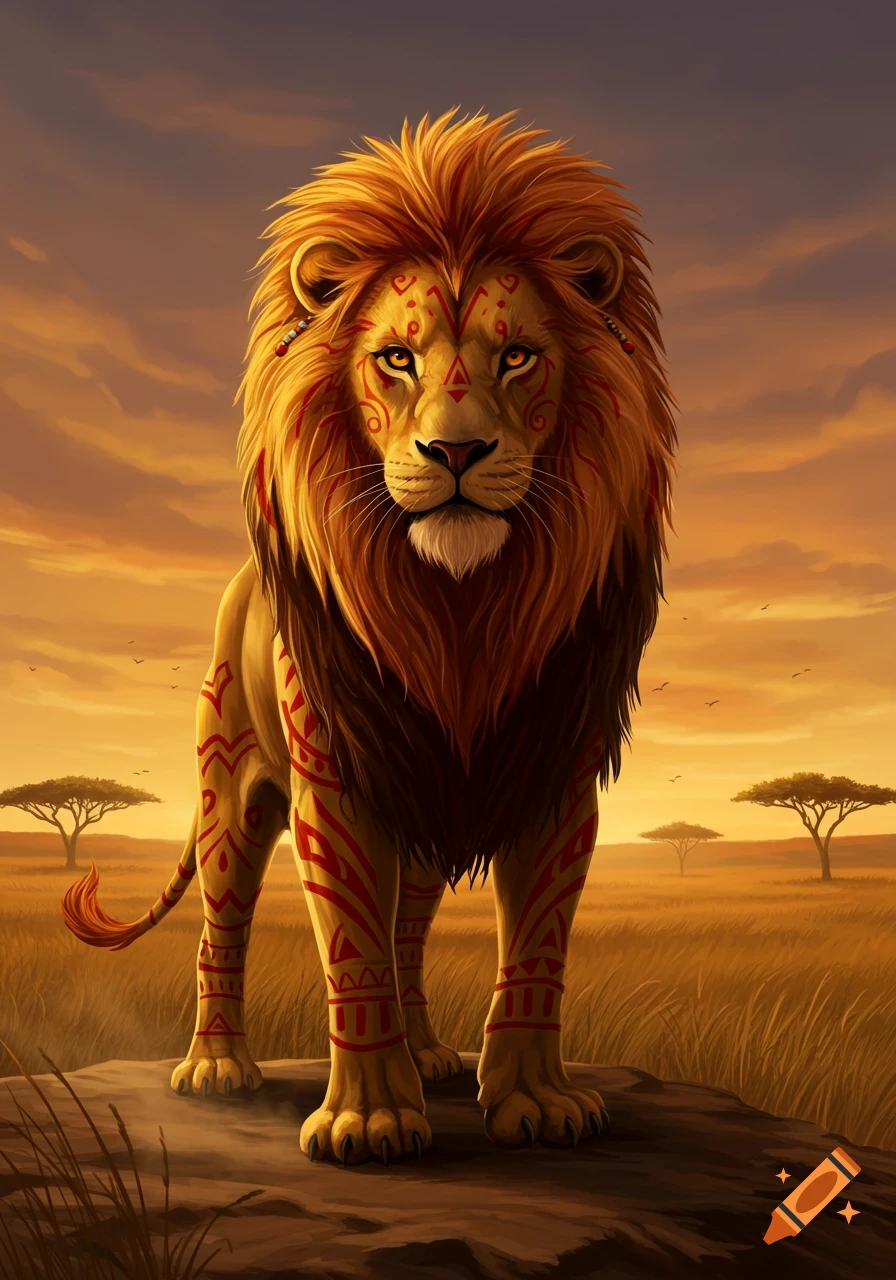 A majestic lion with golden fur and red tribal markings stands on a rock in a savanna at sunset.