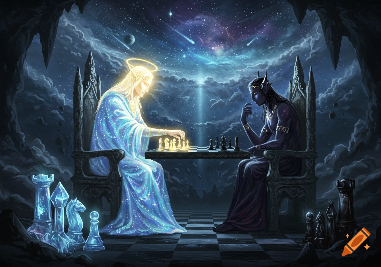 A luminous, angelic figure and a dark, horned figure play chess on a glowing board within a celestial cave.