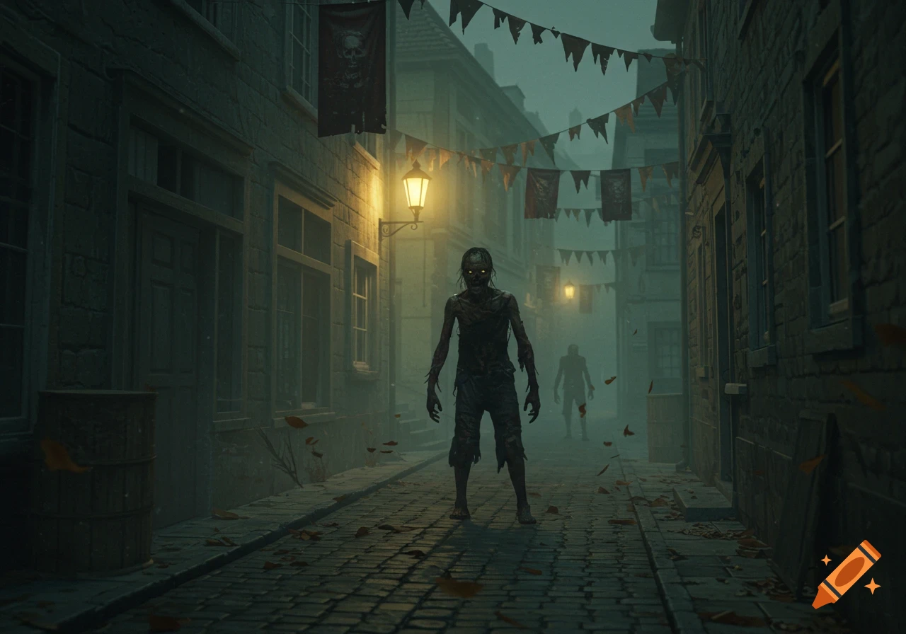 A gaunt zombie with glowing eyes stands on a dark, misty cobblestone street lined with old buildings and skull banners.
