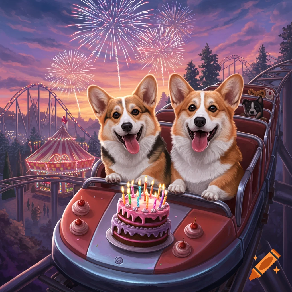 Two happy corgis ride a rollercoaster with a birthday cake, under fireworks at an amusement park at dusk.