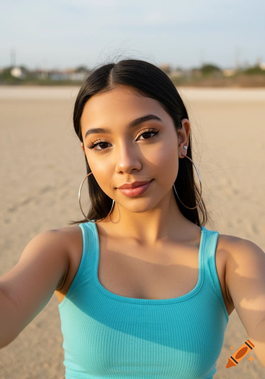 Selfie of a beautiful Hispanic woman in a cyan crop top and hoop earrings, smiling on a sunny beach.