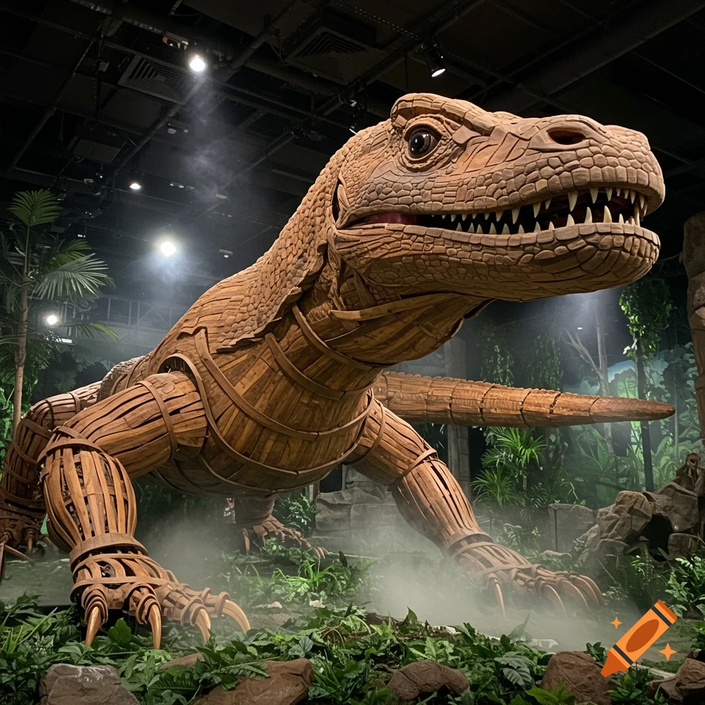 A giant, detailed wooden komodo dragon sculpture stands in a misty jungle-themed exhibit.