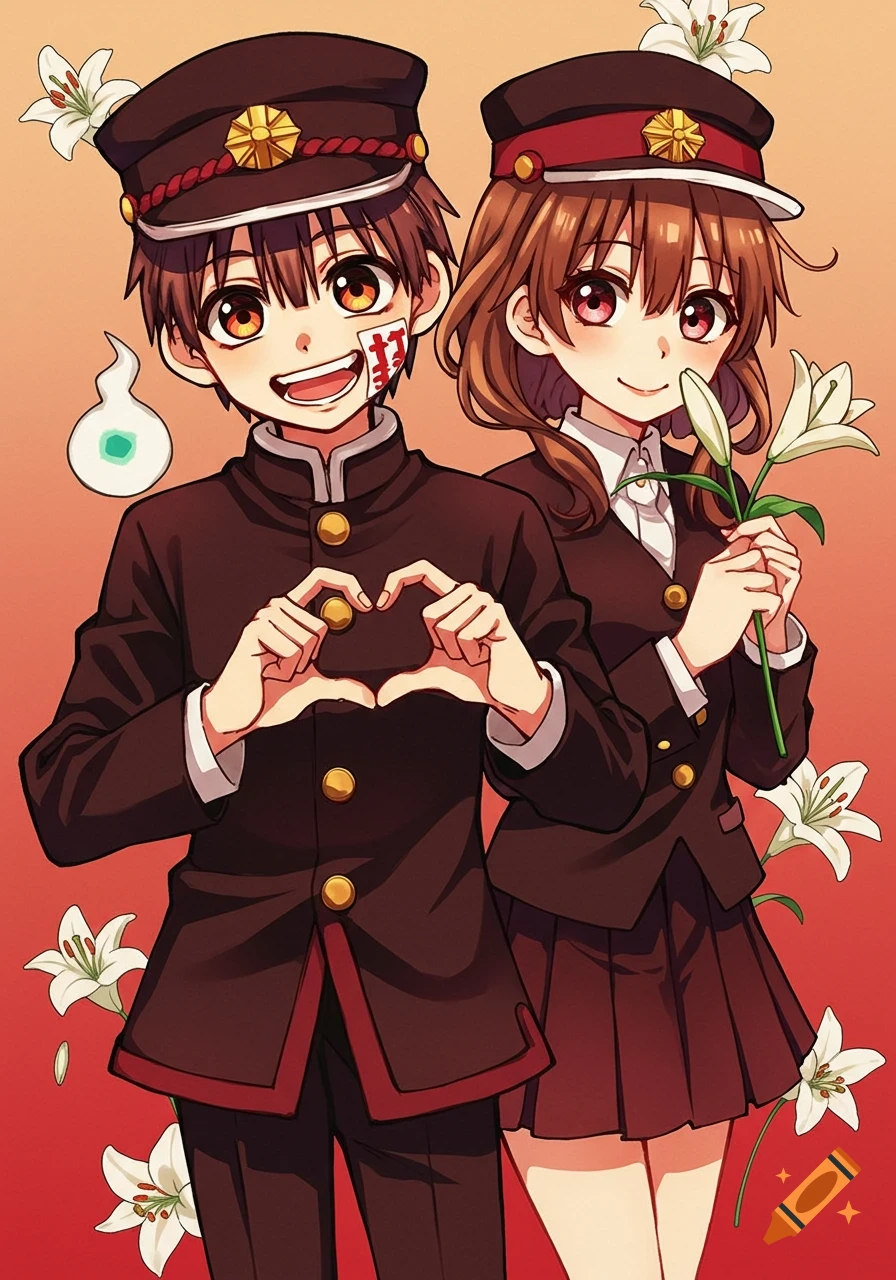 Anime illustration of a boy making a heart shape and a girl holding a white lily, both in school uniforms, against a warm gradient background with scattered lilies.