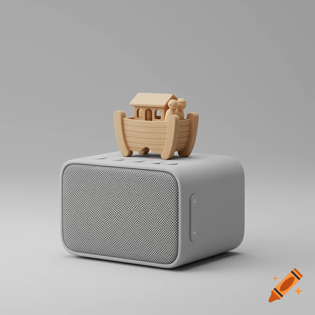 A grey cube-shaped speaker with a wooden Noah's Ark toy on top, rendered on a plain light grey studio background.