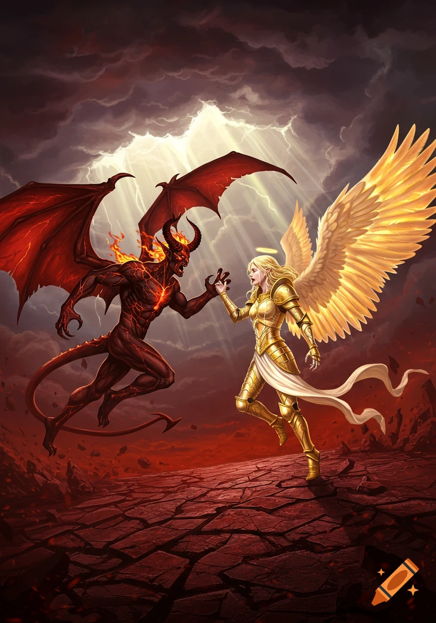 A red demon with horns and wings faces a golden armored angel with large wings in a dramatic, stormy, fiery landscape.