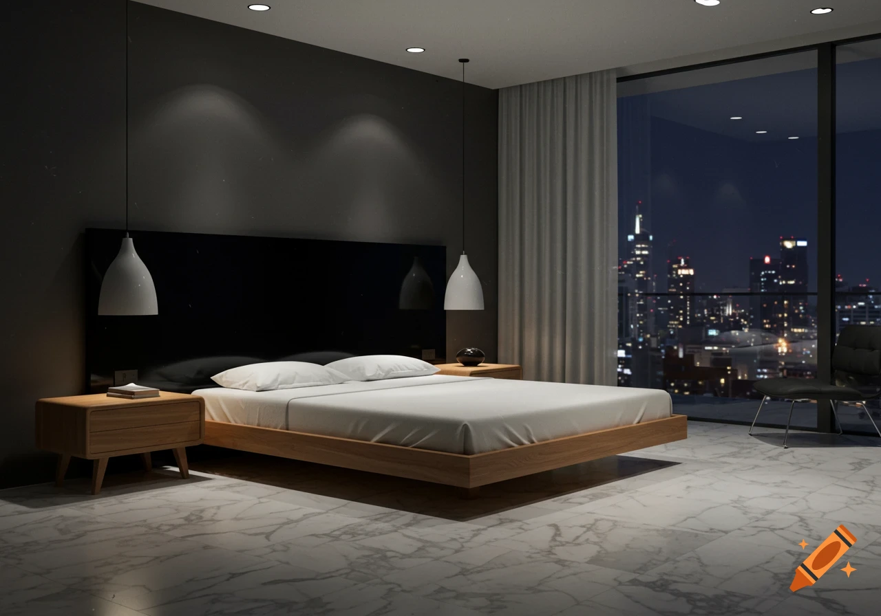 A modern, minimalist bedroom at night with a large window overlooking a city skyline. A wooden bed with white sheets sits in the center, flanked by wooden nightstands and hanging lamps.
