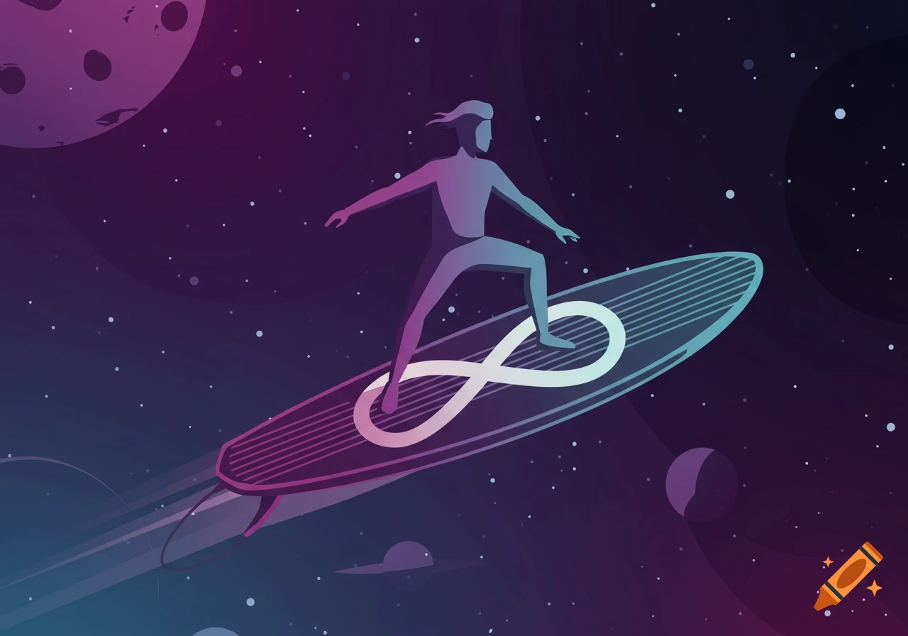 Vector art of a person surfing on a board with an infinity symbol through space, surrounded by planets and stars.