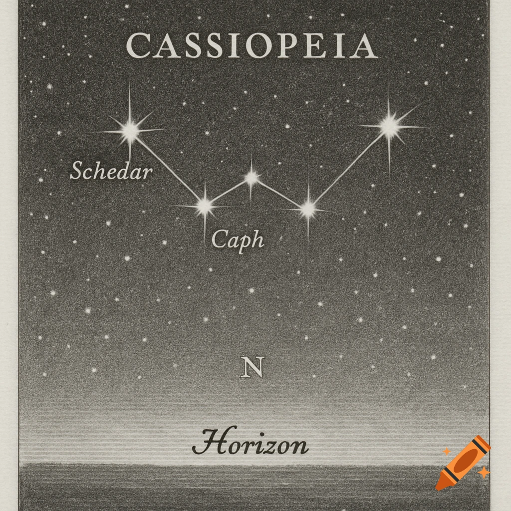 A black and white diagram of the Cassiopeia constellation in the night sky, labeled with star names and a horizon line.
