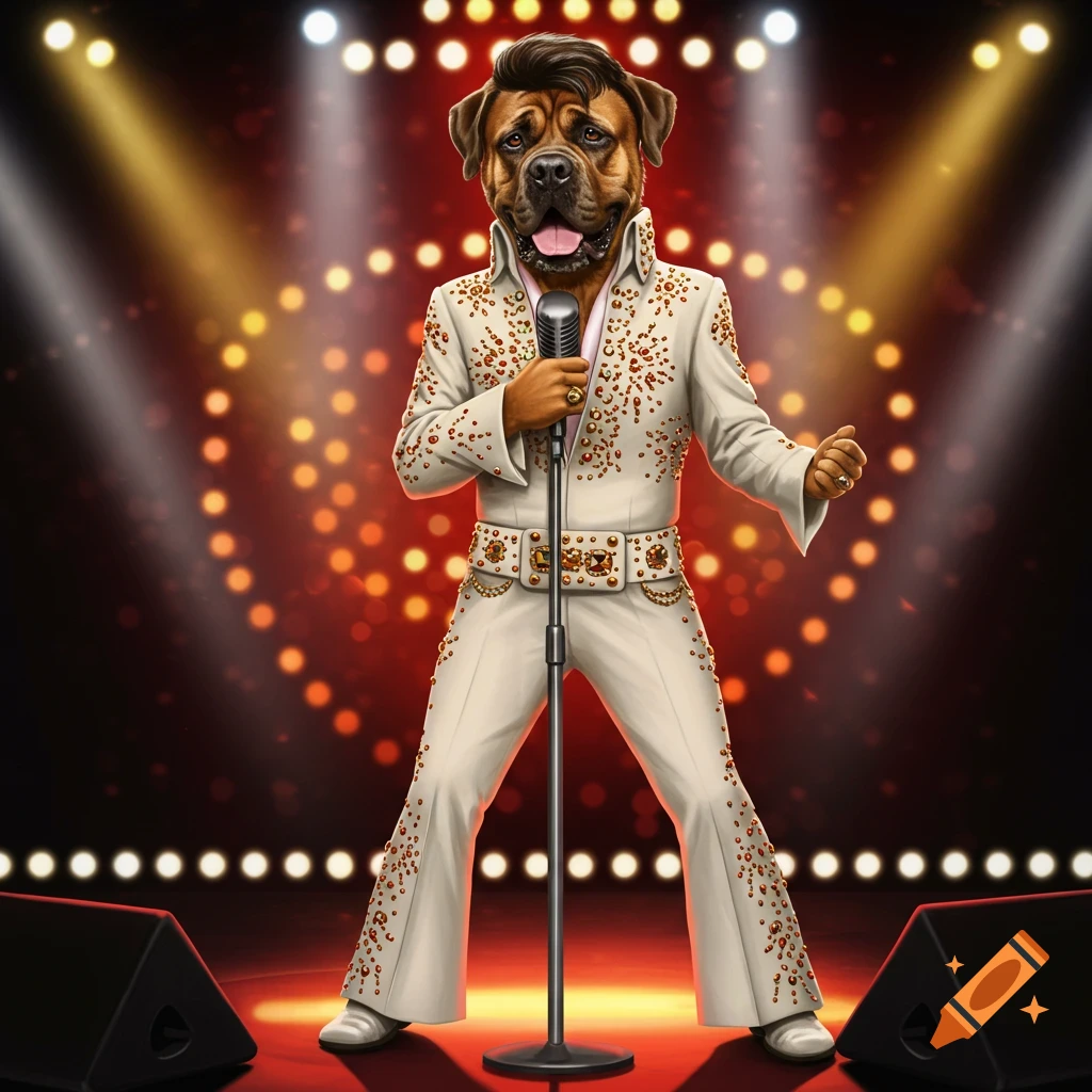 A mastiff dog dressed as Elvis Presley, singing into a microphone on a brightly lit stage with red and gold lights.
