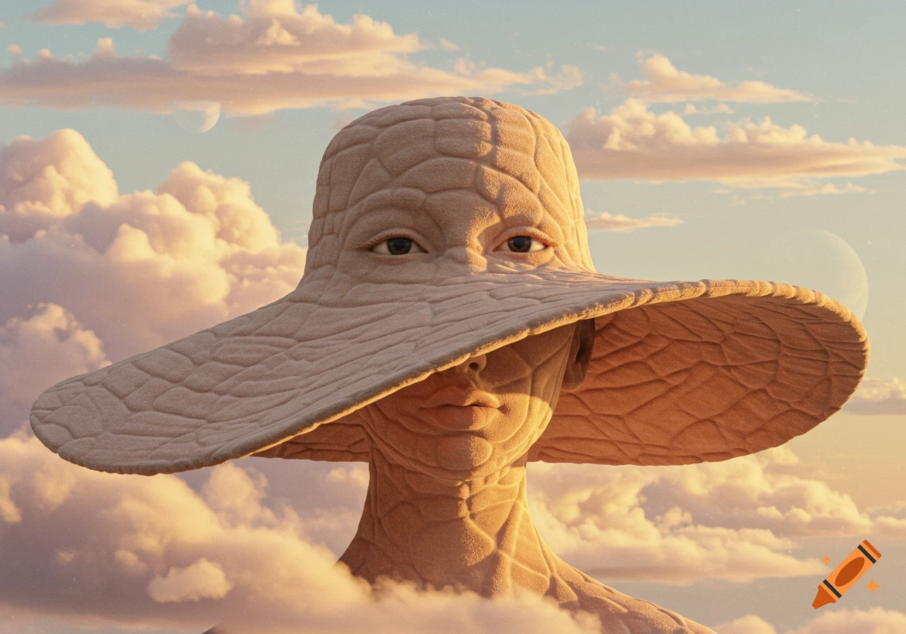 Surreal figure with a textured, hat-like head and visible eyes and mouth, emerging from warm clouds with moons in the sky.