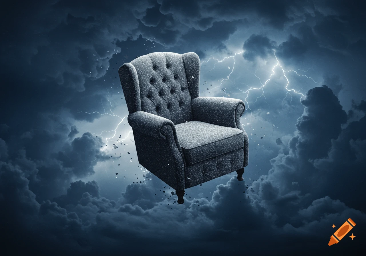 A dark gray wingback armchair floats in a dramatic stormy sky with dark clouds and lightning.