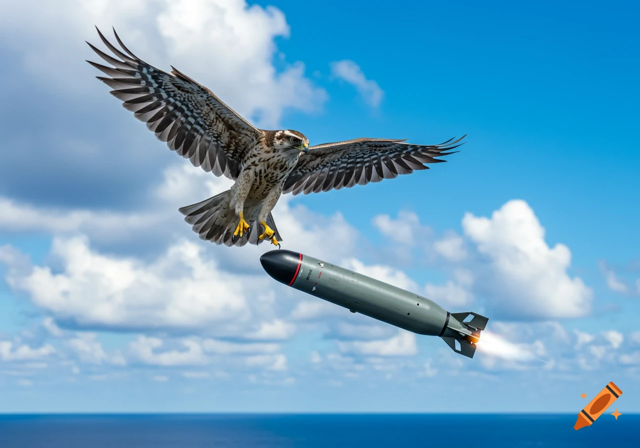 A photorealistic image of a hawk in flight releasing a torpedo over a blue ocean and cloudy sky.
