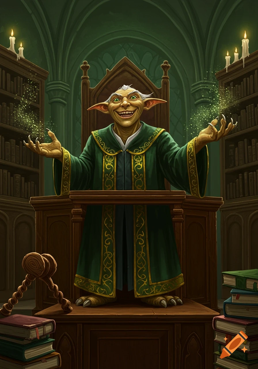 A grinning goblin-like judge in a green robe stands at a podium in a library, conjuring green magic from his hands.