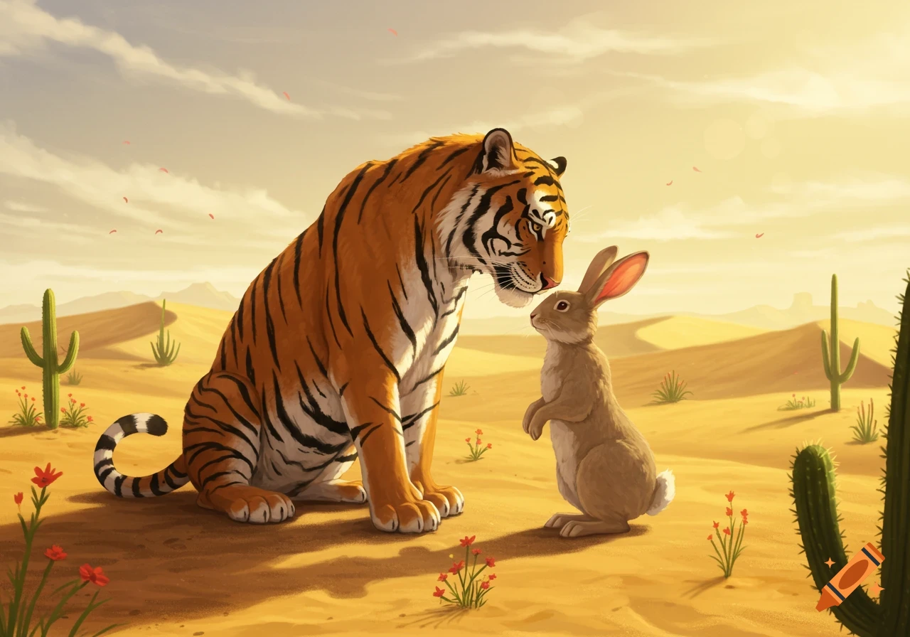 A tiger sits as a rabbit stands nose-to-nose in a sunlit desert landscape with cacti and dunes, digital illustration.