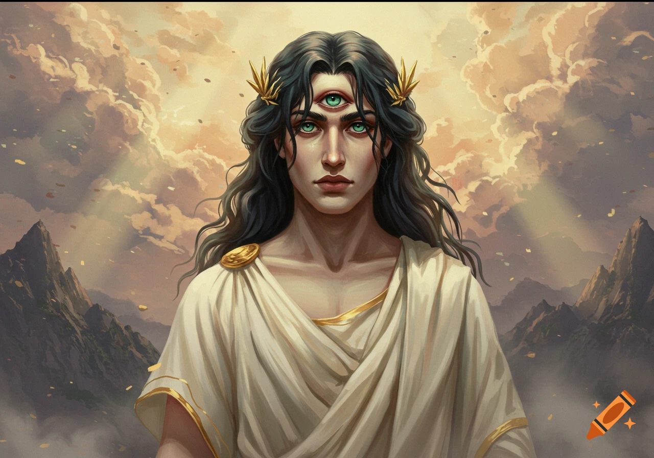 Portrait of a three-eyed god-like figure with long dark hair, wearing a white toga, set against a cloudy sky and mountains.