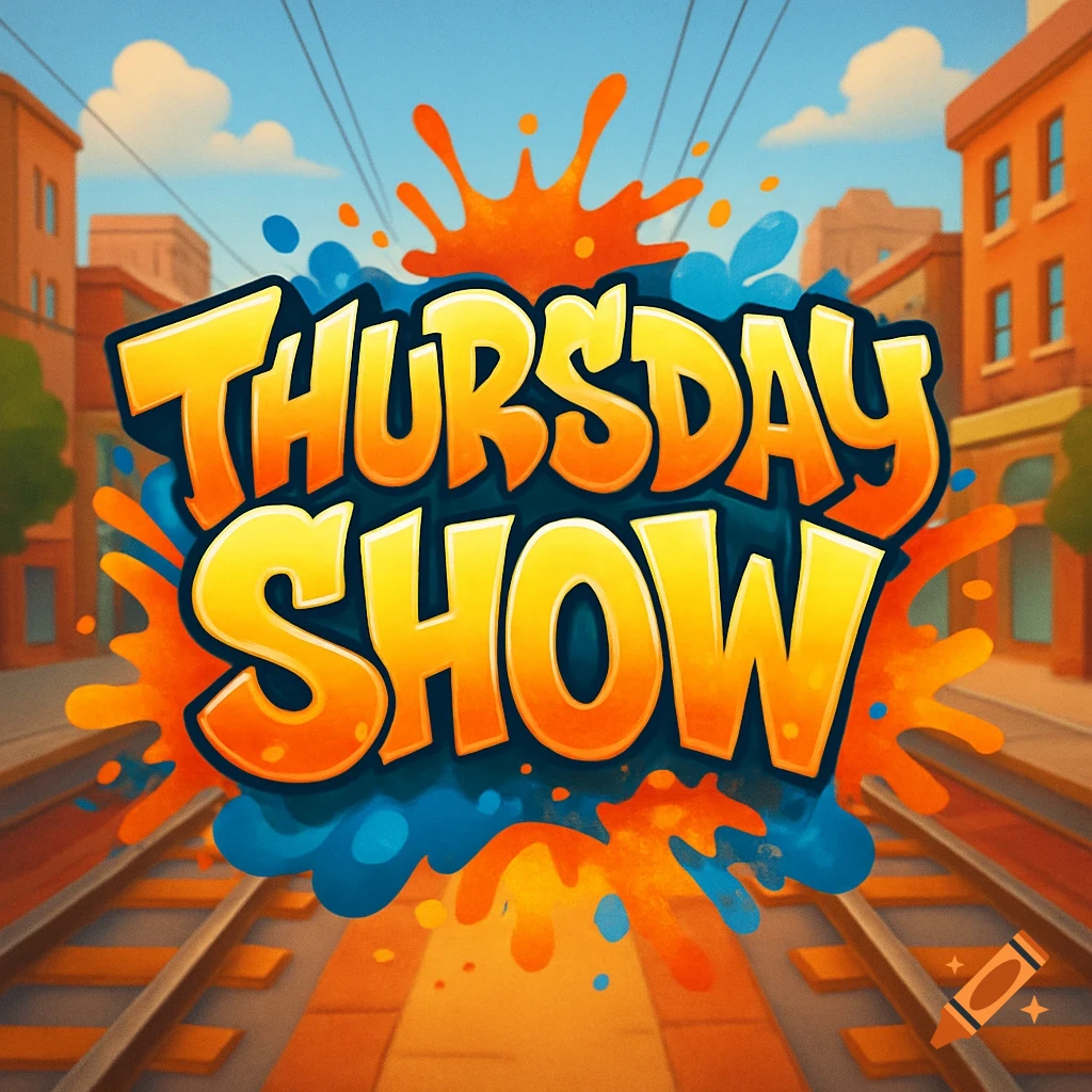 Stylized cartoon logo 'THURSDAY SHOW' in yellow and orange, with blue and orange splatters, set against an urban subway track background.