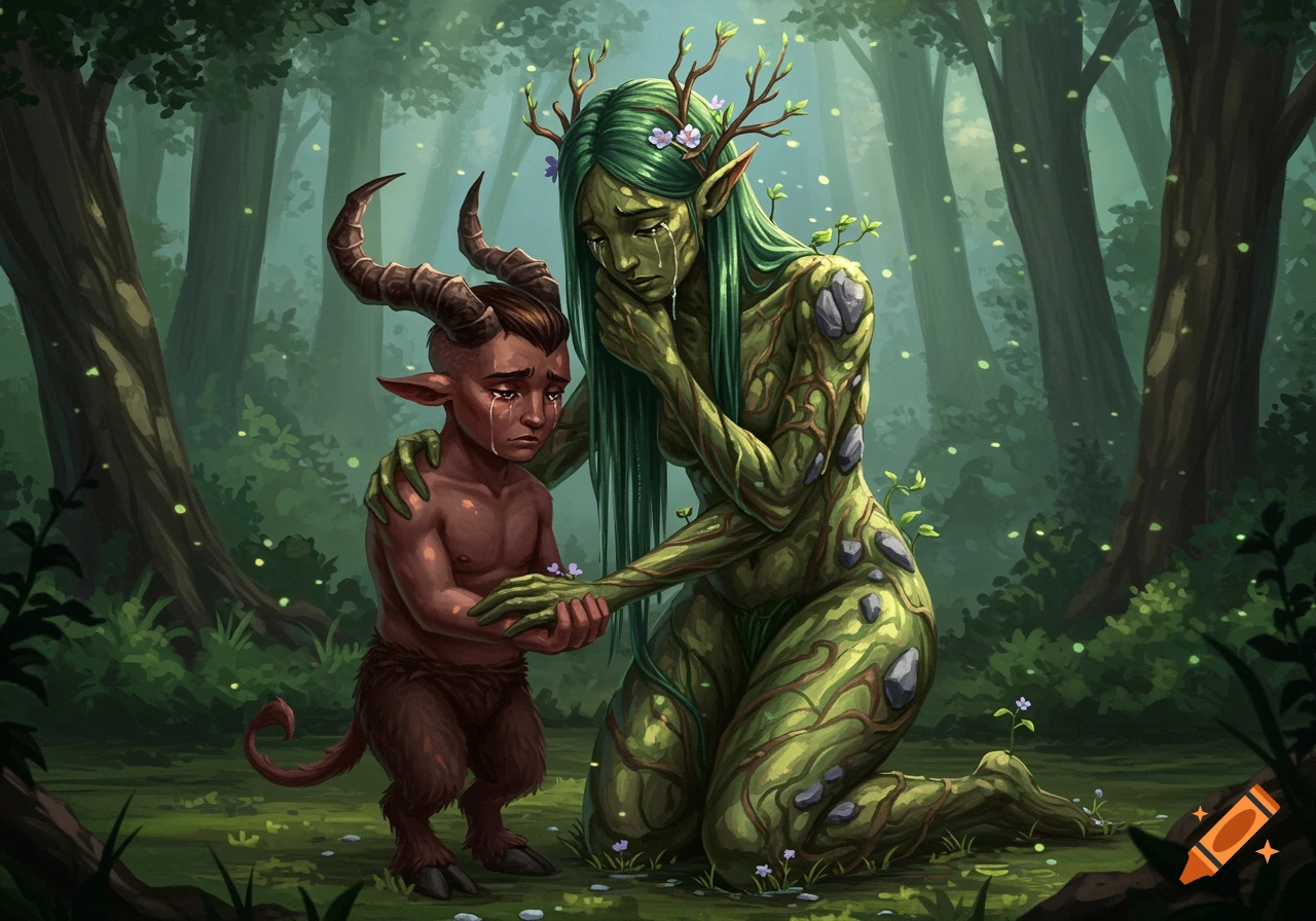 A crying satyr child is comforted by a weeping, vine-covered dryad-like woman in a lush forest.