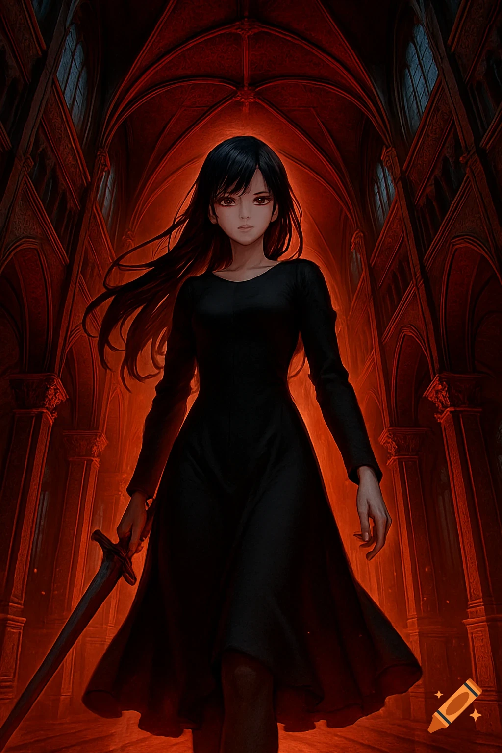 Anime woman in a black dress holding a sword walks through a grand, red-lit gothic cathedral.