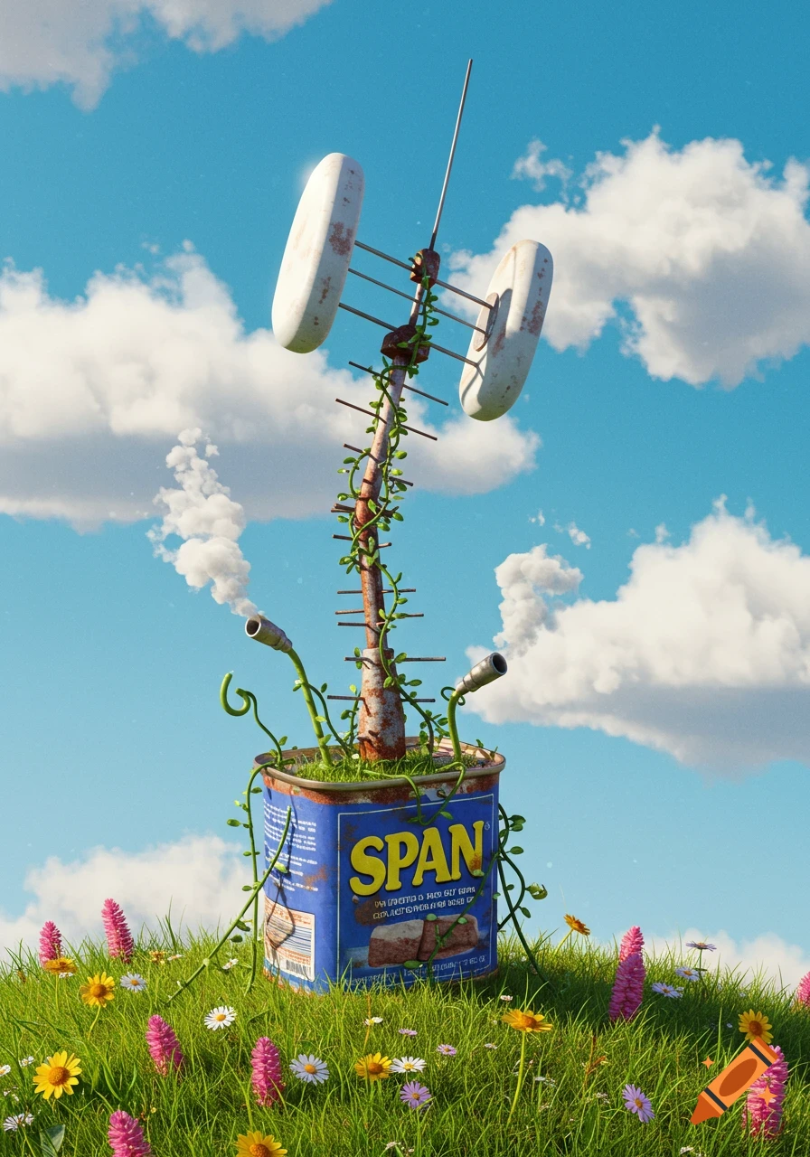 A rusty SPAM can repurposed as an antenna, wrapped in green vines, stands in a field of colorful wildflowers under a blue sky.