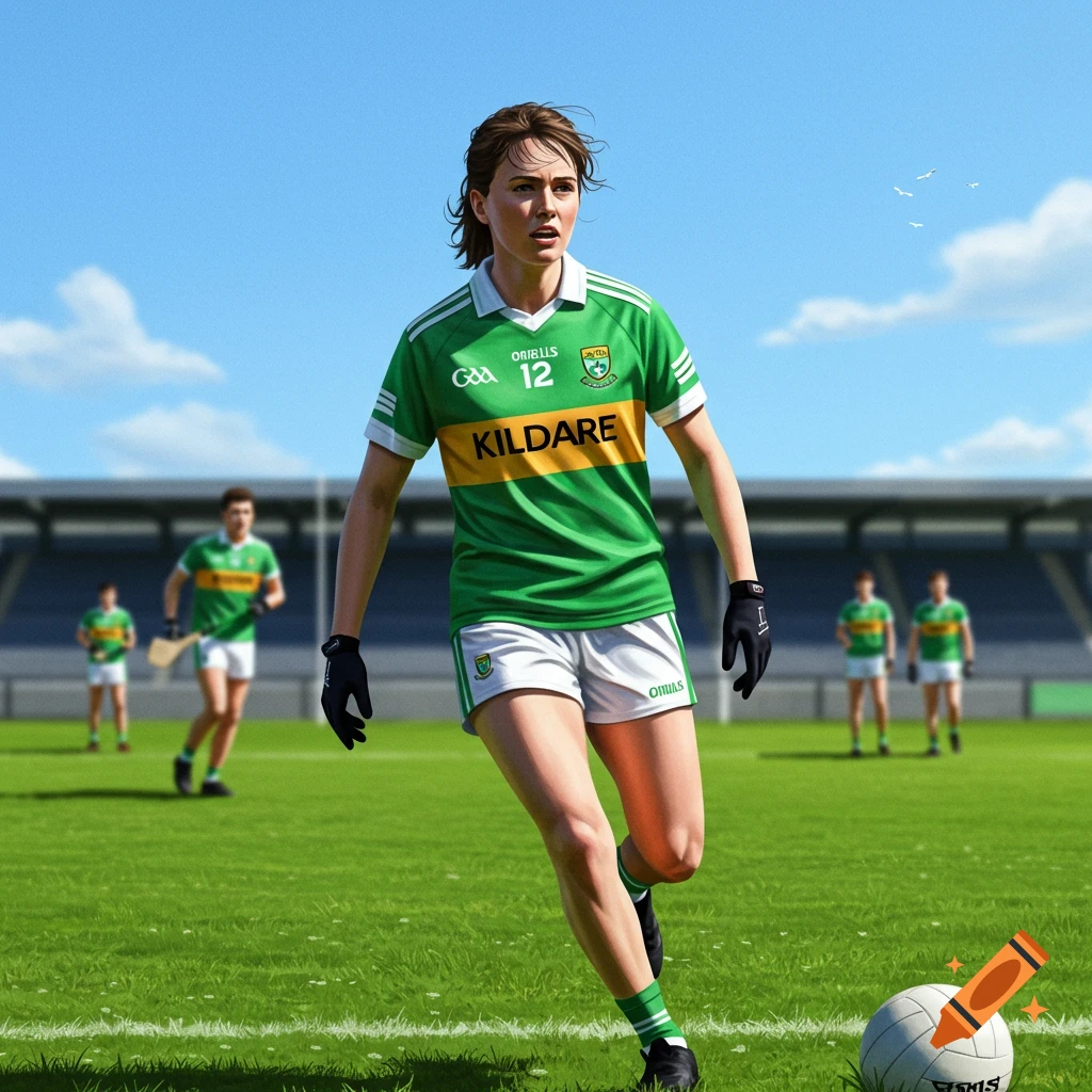 A female athlete in a green and yellow 'Kildare' GAA jersey runs on a sunny sports field with a ball nearby.